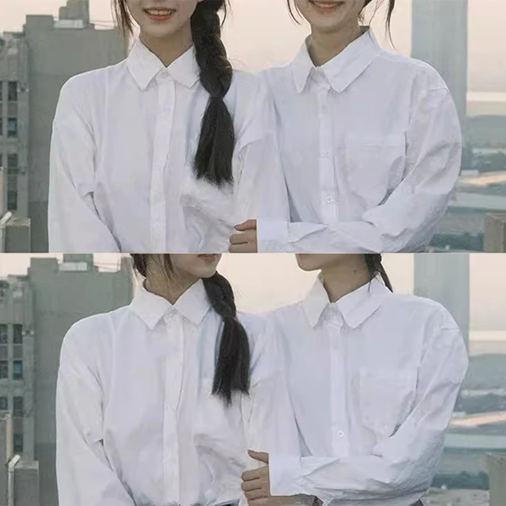 새로운 학생 블라우스 JK 유니폼 S-3XL 단색 흰색 1개 라펠 긴팔 비신축성 폴리에스터 여학생