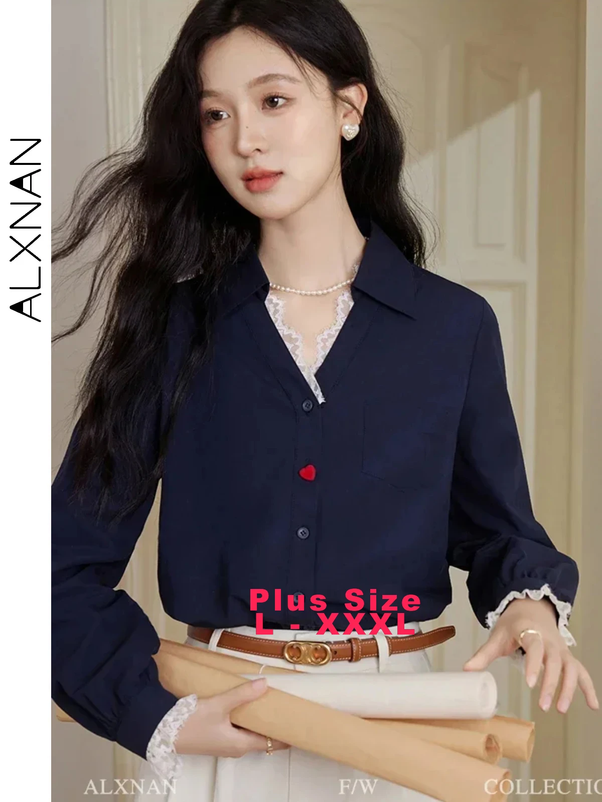 ALXNAN Women's Plus Size French Shirts Lace Edge Patchwork V-neck Ruffled Cuff Heart Buttons 2024 Fall Winter Casual Tops D07202