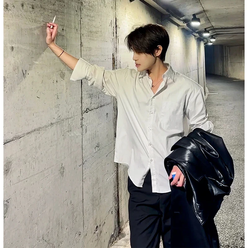 

Мужская премиум-рубашка Naples White с длинным рукавом, корейский стиль, приталенный крой, модный бренд, из полиэфирного волокна, летняя, для ношения под костюм.