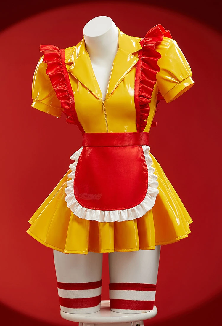 Yellow Sexy Halloween Party Clothes Outfit MC Cosplay Doujin Donald's Clothes Original Sexy Women PU Waitress Apron Uniforms