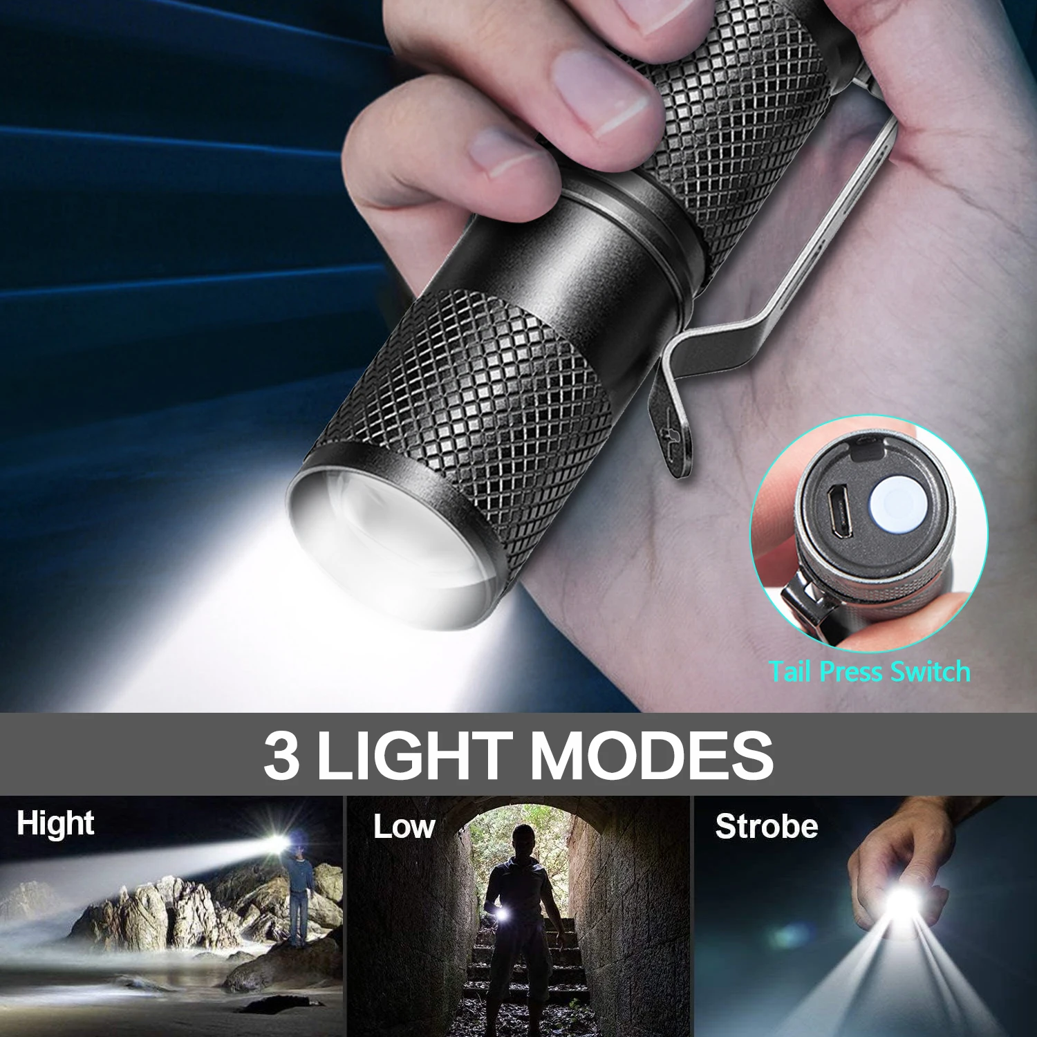 3 Lighting Mode Mini LED Flashlight USB Rechargeable WaterProof Torch Stretch Zoom Portable Torch Night Camping Hiking Lantern