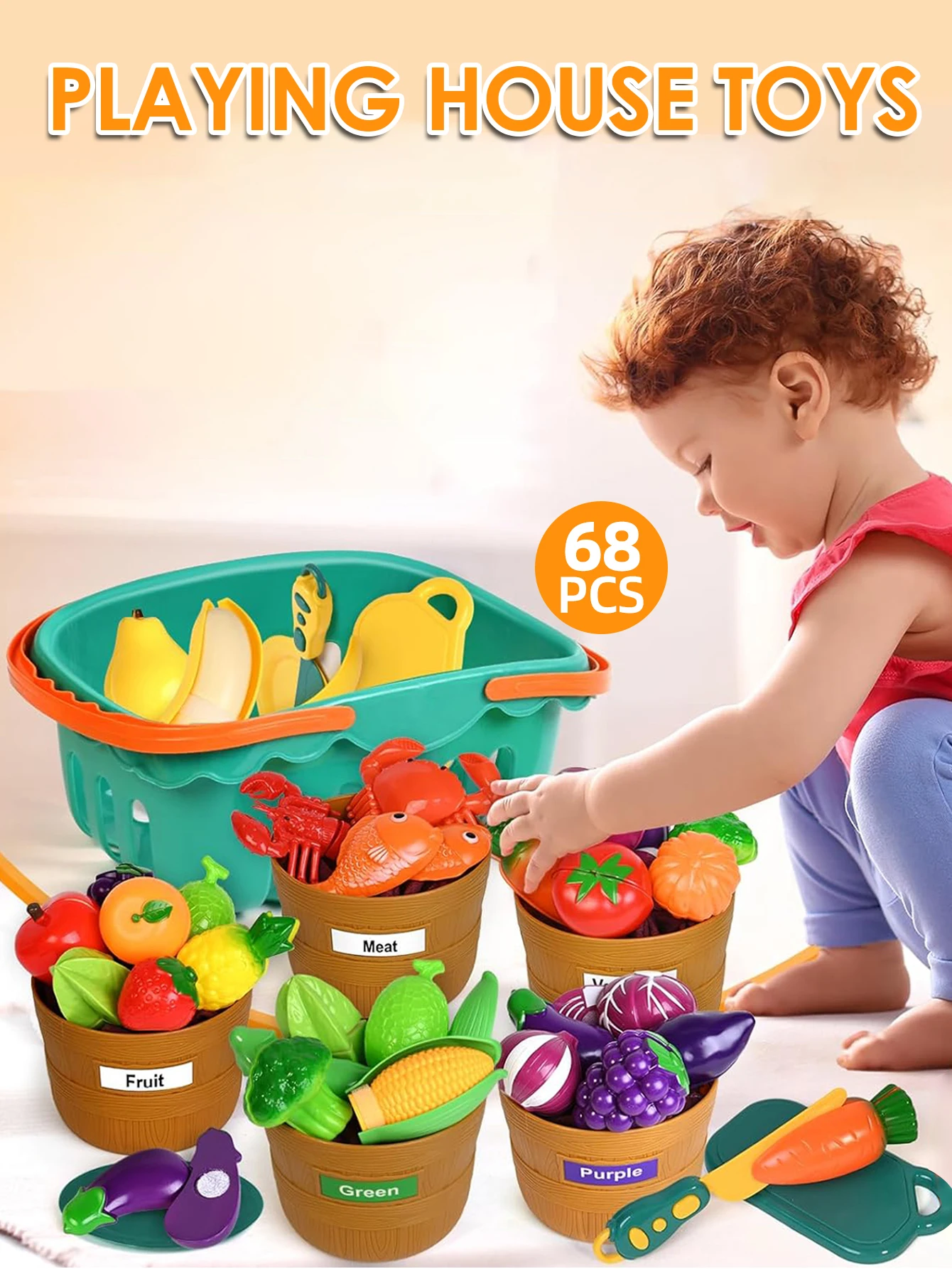 68PCS Color Sort Game Food Set - Learning Toys for Boys & Girls, taglio di giocattoli alimentari, accessori da cucina per bambini