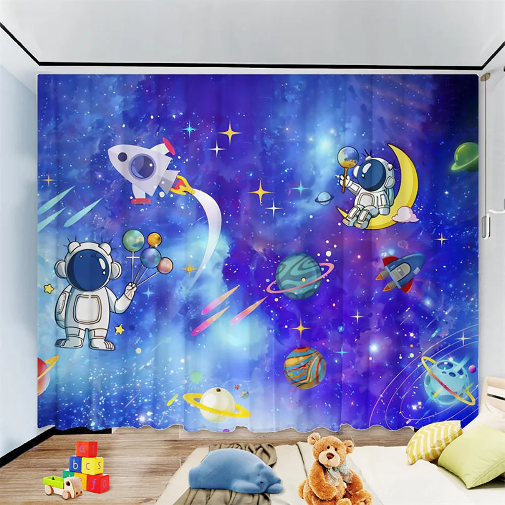 

Cartoon Astronaut Space Travel Curtain, Astronaut Villain Cartoon Planet A Set Of Two, Home Bedroom Living Room Curtain.