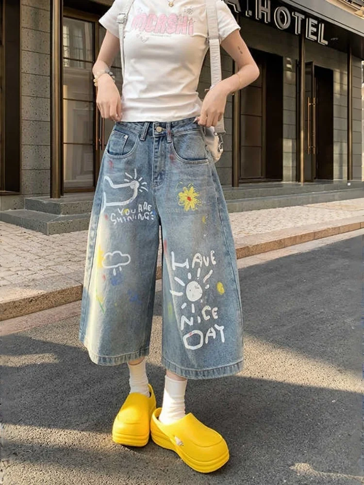 Dopamine Cartoon Graffiti Denim Jeans Women's Summer New Loose High Waist Slimming Casual Wide Leg Pants Casual Style