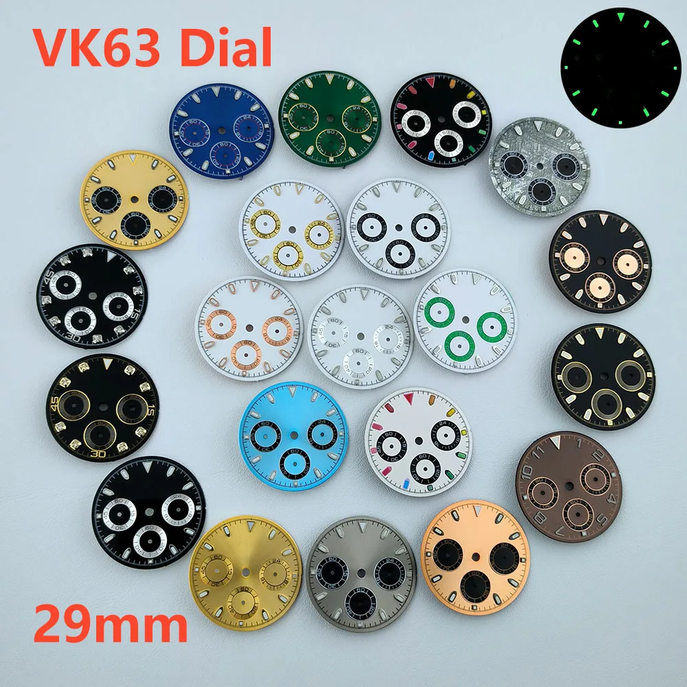 29 มม.VK63 chronograph dial โลโก้ที่กําหนดเอง PANDA dial สีเขียวเรืองแสง Fit VK63 ควอตซ์นาฬิกาอุปกรณ์เสริม