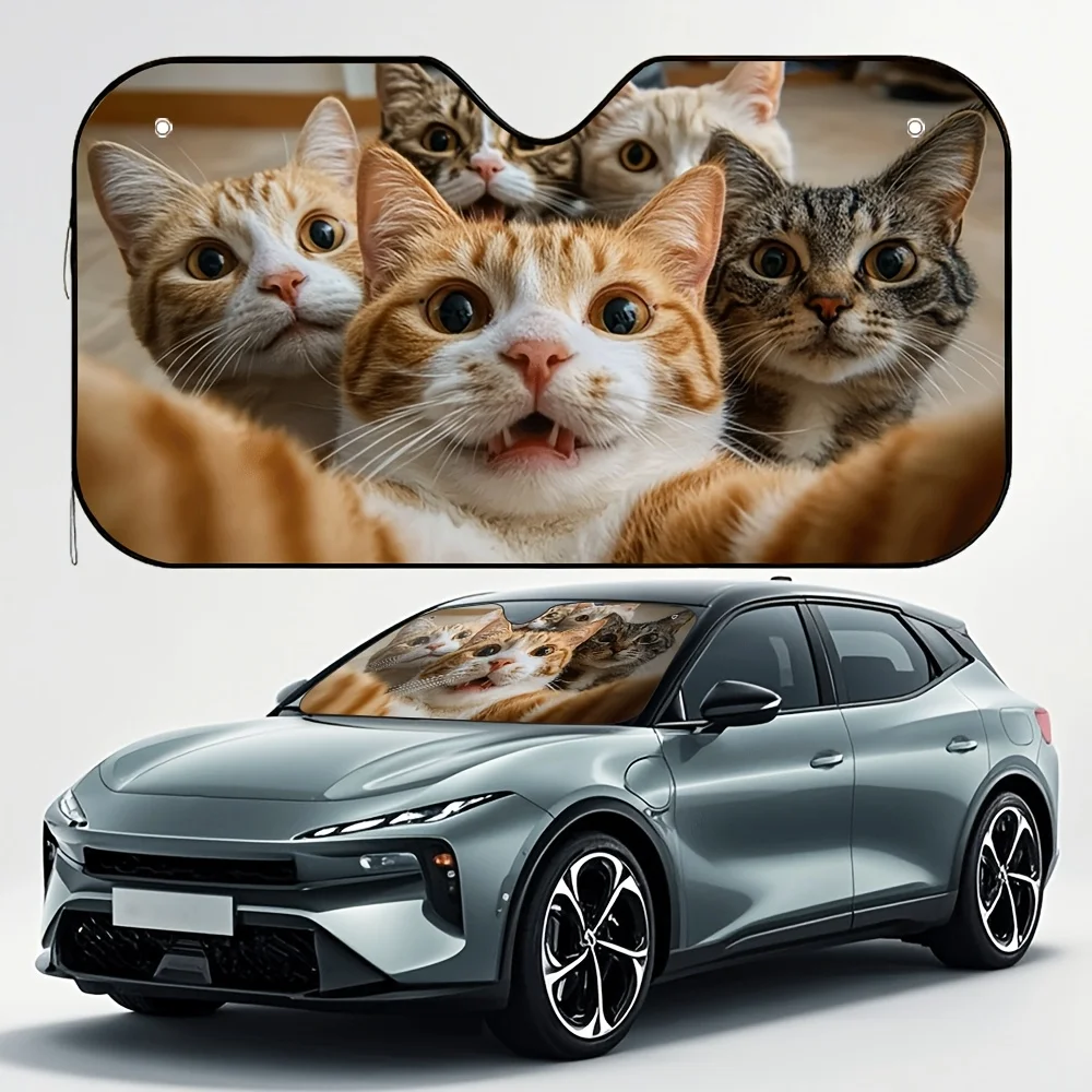 

1pc Cat Happy Selfie Print Car Sunshade – Stylish Orange & White Design, Keeps Your Vehicle Cool, Easy To Install With 4 Suction