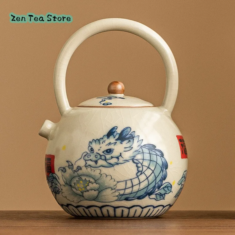 You Dragon Play Flower Ru Kiln Teapot Single Pot Chinese Kung Fu Tea Set Beam Pot Is Not Hot Large Capacity Teapot