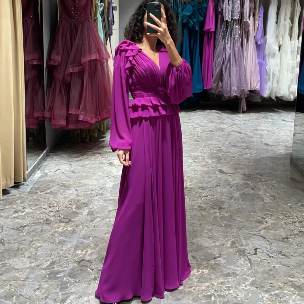 

Oisslec Formal Occasion Dresses Ruffle A-Line Floor-Length V-neck Long Sleeves Elegant Party Prom Dresses Robes De Soirée