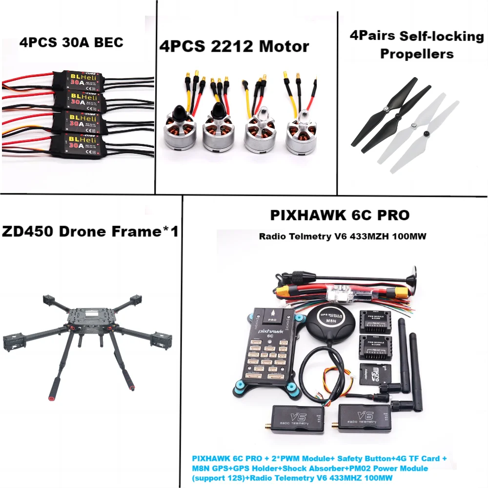 

PIXHAWK 6C PRO Flight Control M8N /M9N Carbon Fiber 450 Frame Kit Ardupilot Radio Telemetry Quadcopter BLHELI 30A 2212 Motor ES