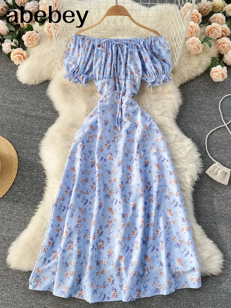 Women Floral Dress bohemian A-Line slash neck short sleeves dress summer vintage beach off shoulder Polka Dot Sundress