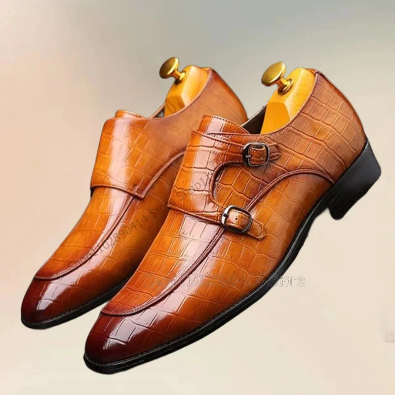 Brown Red Crododile Print Buckle Decor Men Shoes Fashion Slip On Male Shoes Luxury Handmade Party Banquet Office Men Dress Shoes