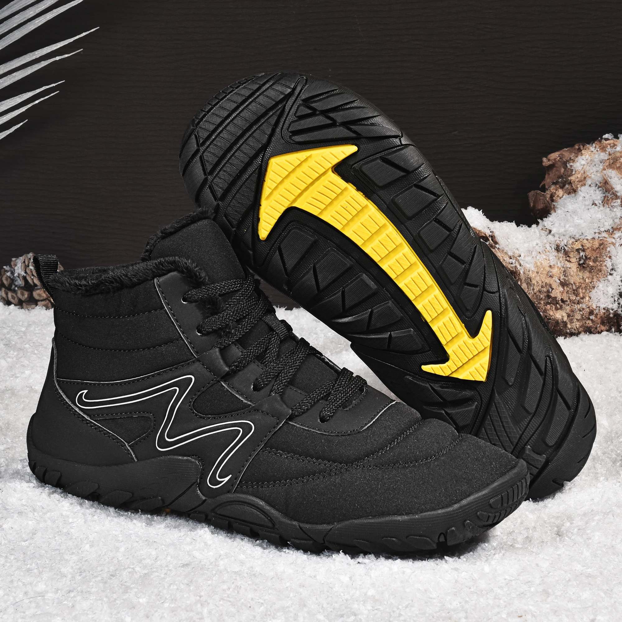 Nuevas botas de nieve de invierno para hombre, zapatos cálidos de lana para caminar al aire libre, botas impermeables de algodón con cinco dedos, punta redonda, suela de goma de tacón bajo