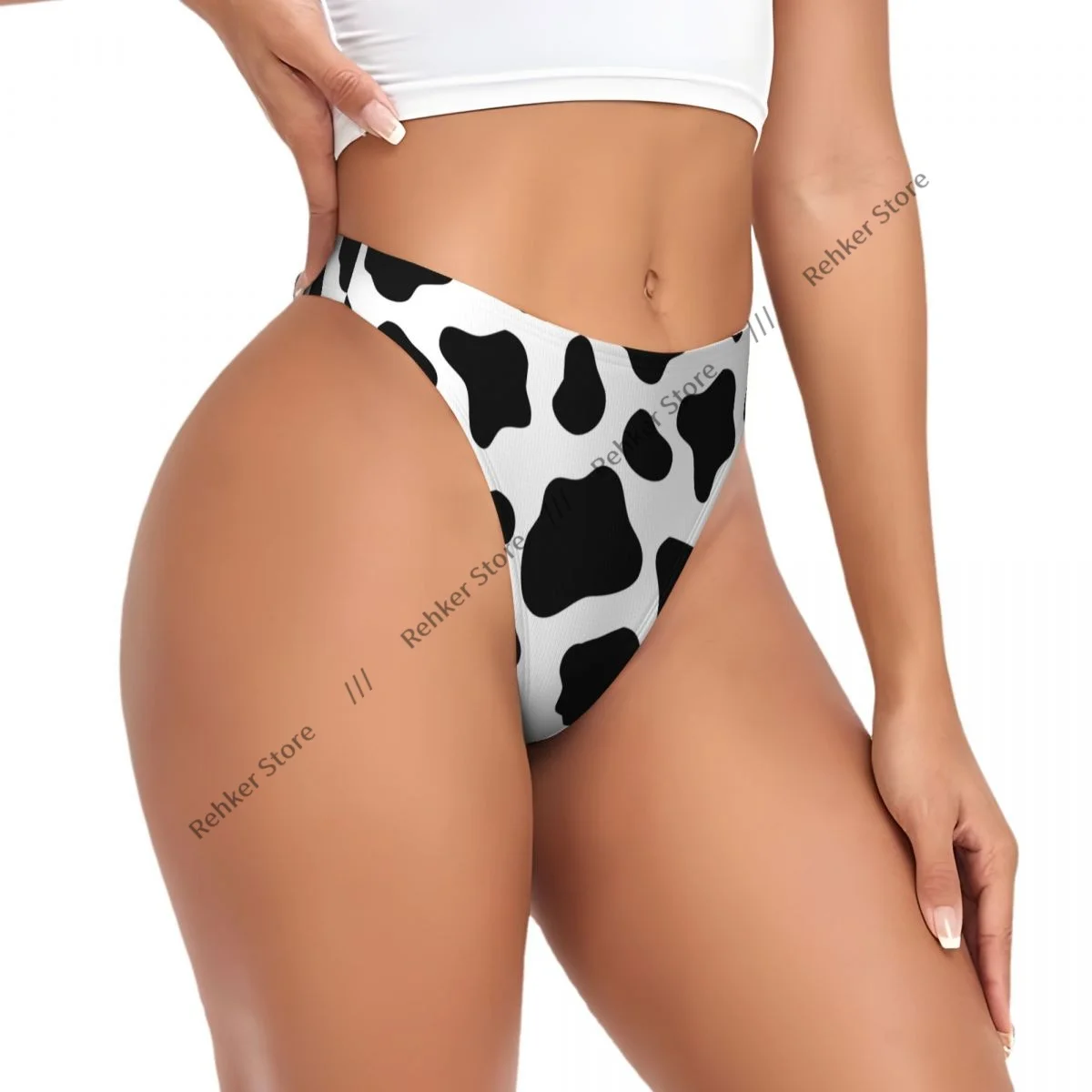 Thongs For Women V Waist G-String Panties Black And White Cow Pattern Underwear Breathable Underpants