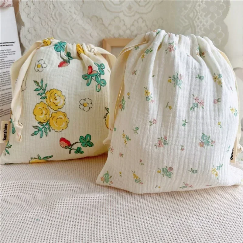 Natural Cotton Mommy Storage Bags Outdoor Baby Diaper Carrier Cute Sunshine Rainbow Printing Drawstring Pouches 27x25cm