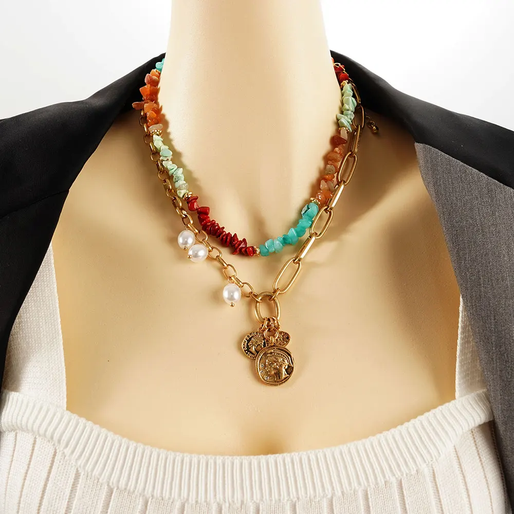 

Stainless Steel Medal Necklace Coquette Accessories Pearls Layered Jewelry Two Toned Pendant Chain Fashion Accessories Women