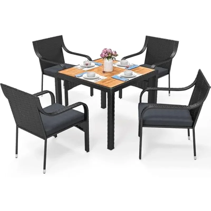 

Patio Dining Set, Outdoor Wicker Conversation Furniture with Wooden Tabletop and Cushions, Wicker Square Dining Sets