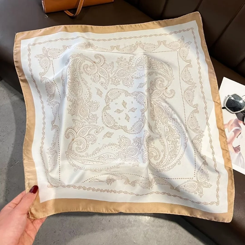 Vintage Beige Paisley Print Square Scarf Satin Silk Bandana for Women Summer Daily Commute Sun Protection Neck Hair Accessory - view 5