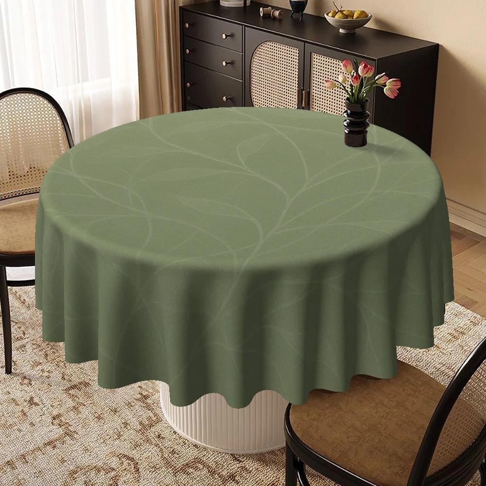 Round tabletop cover, featuring a natural theme with a light green design of leaf patterns.