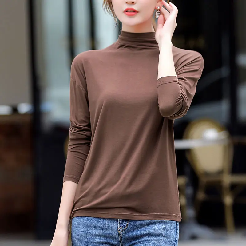 Women's Turtleneck Long Sleeve T-Shirt, Monochromatic, Simplicity, Office Clothes, All-match, Casual Tops, Autumn Fashion