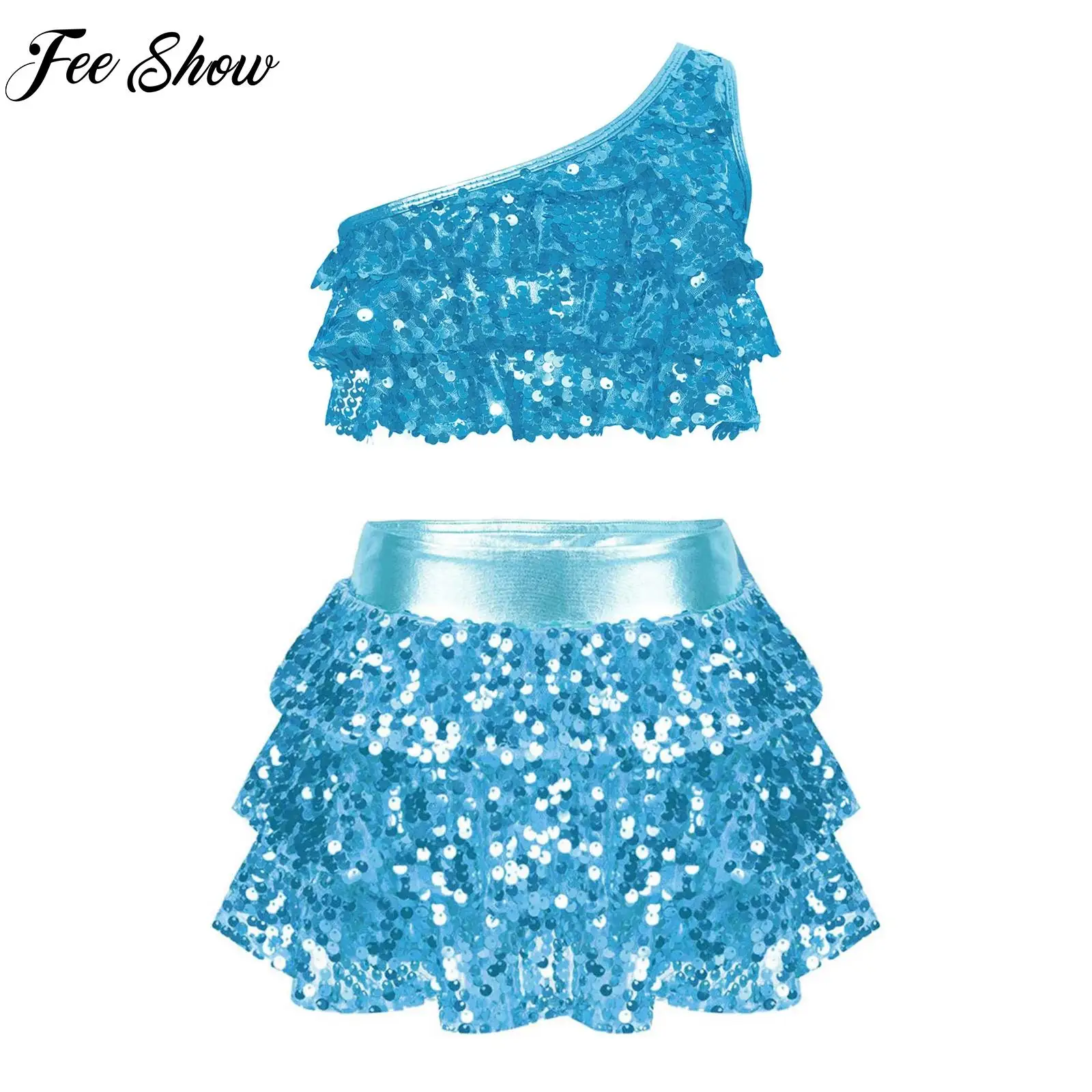 أطفال فتاة الجاز اللاتينية الهيب هوب ملابس رقص بلا أكمام الترتر سترة معدنية مع تنورة الزي كرنفال مجموعة أداء الحفلات #1