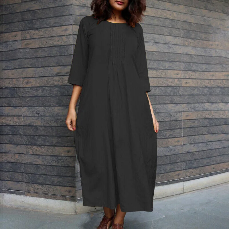 

Женская одежда больших размеров 1XL-5XL, модное однотонное длинное платье с длинными рукавами, женское повседневное повседневное платье с круглым вырезом и карманами