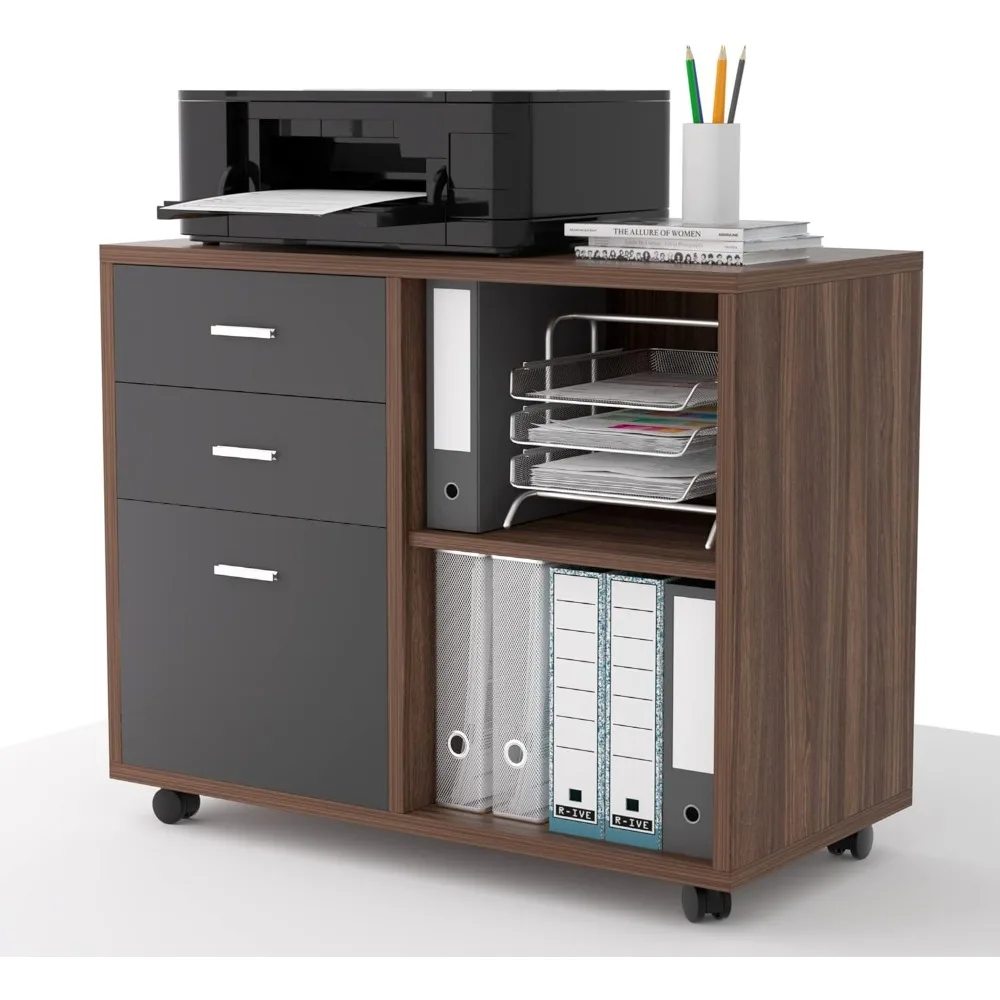 خزانة ملفات جانبية متنقلة ذات 3 أدراج مع حامل طابعة للمكتب المنزلي - لمسة نهائية من خشب الجوز والرمادي الداكن #4