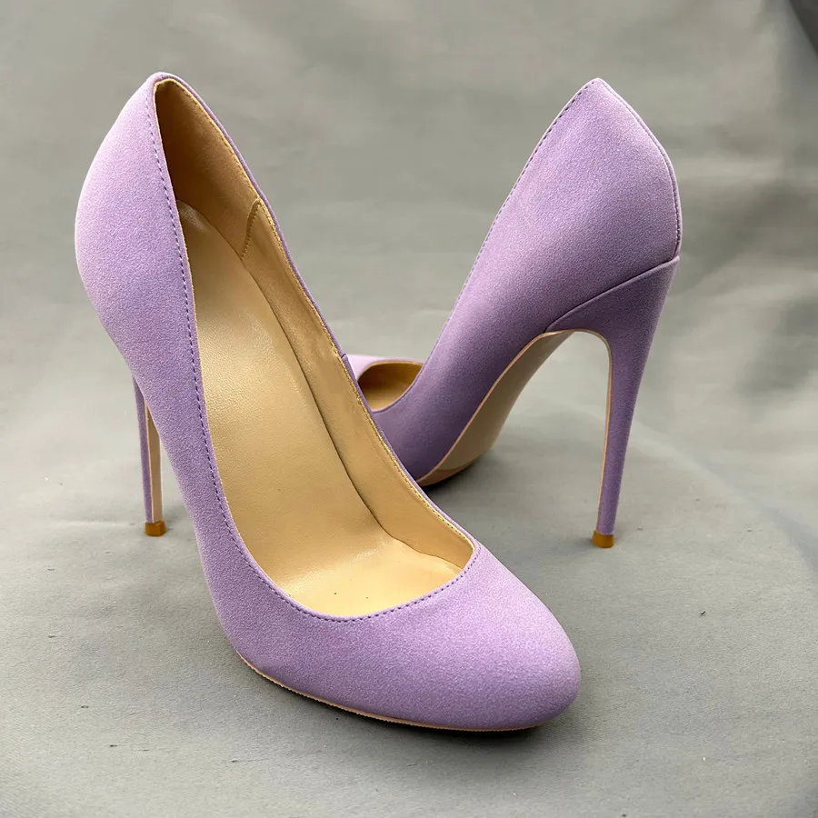 Tikicup Solid purple Women Faux Suede Round Toe High Heel Shoes Elegant  12cm 10cm Stiletto Pumps beige Customizable Size 33-46