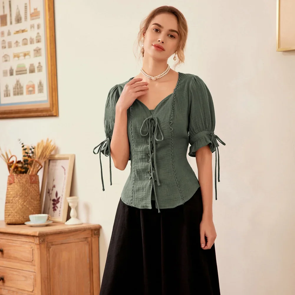 

SD Women Ladies Renaissance Cotton Tops Breathable Short Sleeve V-Neck Pullover Blouse Cotton Comfortable