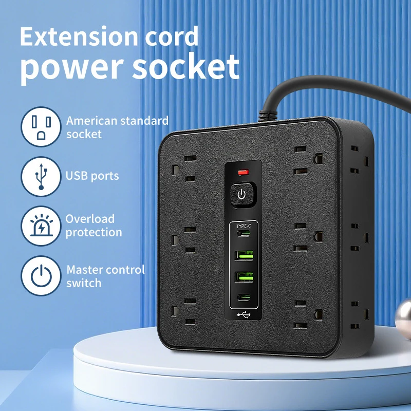 Universal Power Strip With PD Switch 2M Extension Cord Electrical Socket 12 Wide Receplacles Wall Adapter With USB Type C Ports