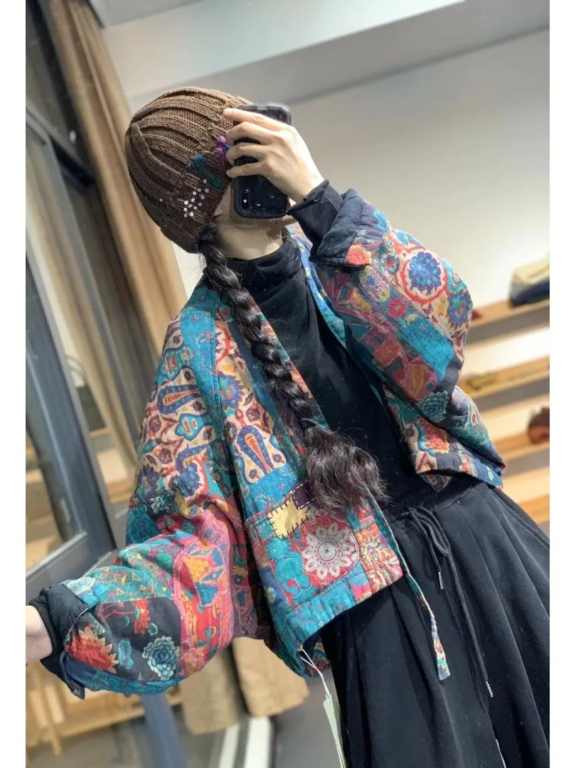 

Thiened ort Cotton Jaet Лляное женское пальто с принтом осень-зима Faion Artistic Sle Coat V-Ne Long Sve Regular Length