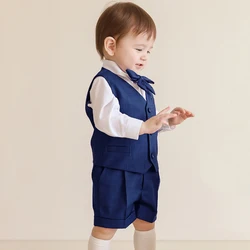 Boutique Boys Girls Clothes Set Formal Birthday Suit Kids Blue Vest Shirt Short Bowtie Wedding Dress Suit Costume