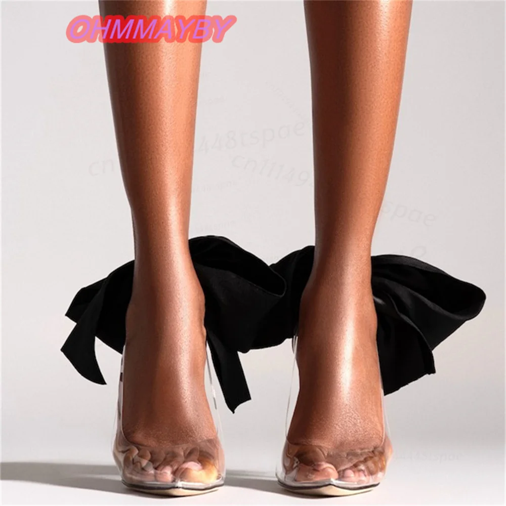 Clear Silver Sandals for Women Open Toe Stiletto High Heels Black Satin Bow Slingback Transparent Straps Evening Wedding Shoes view 3