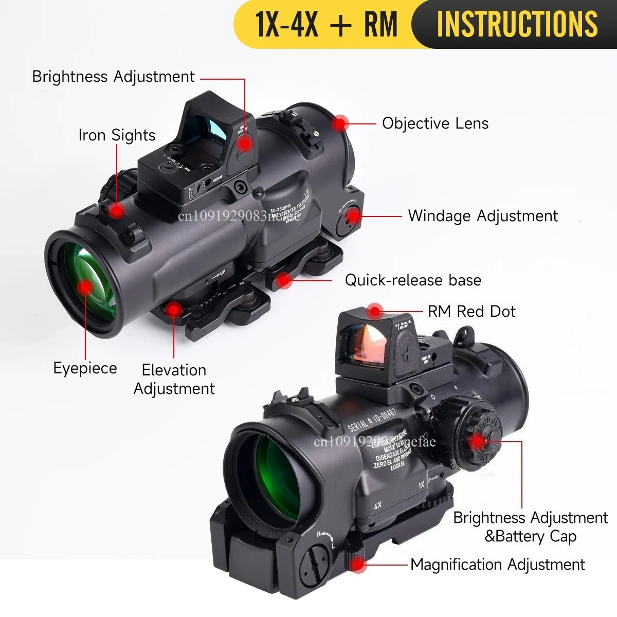 1-4X32 Fixed Dual Purpose Tactical 1x-4x Scope W/Quick Detachable Scope Hunting with Mini Red Dot Optics Sight Collimator