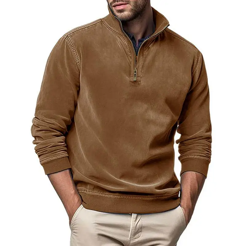 

Men's Long Zipper Stand up Collar Sweatshirt Comfortable Thickened Daily Wear American Style Color Crew Neck Sweatshirt
