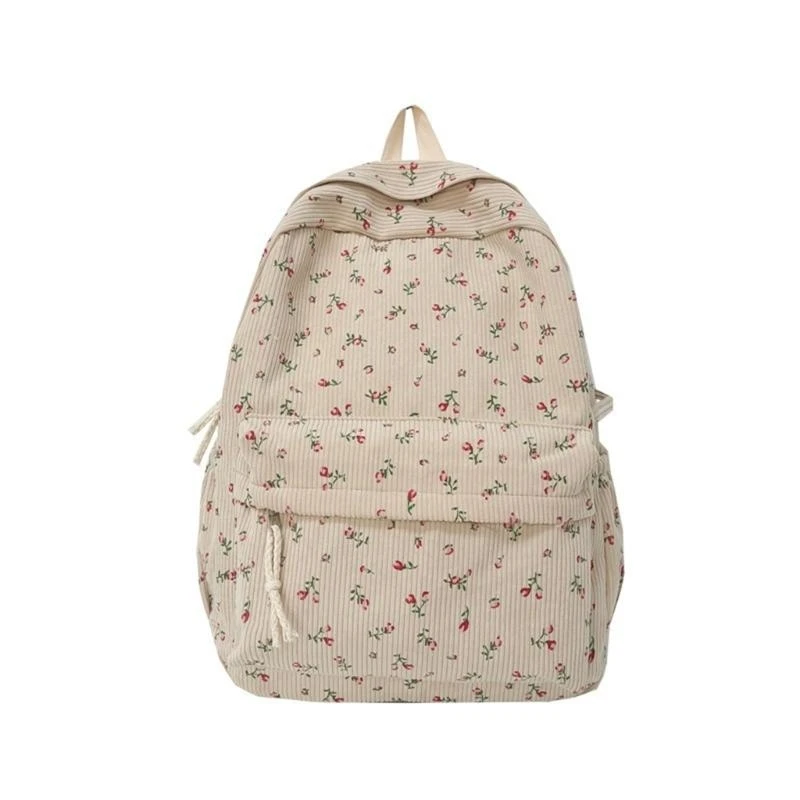 

E8FB Student School Bag Corduroy Backpack Large Capacity Laptop Daypacks Flower Print Backpack Japanese Styles Preppy Bag
