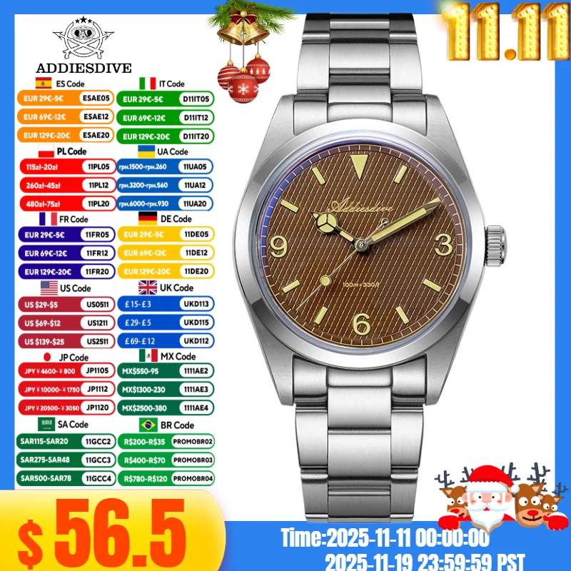 ADDIESDIVE นาฬิกาสําหรับชาย AD2096 reloj hombre 316L สแตนเลสสตีล 10Bar กันน้ํา Bubble Mirror Glass นาฬิกาควอตซ์