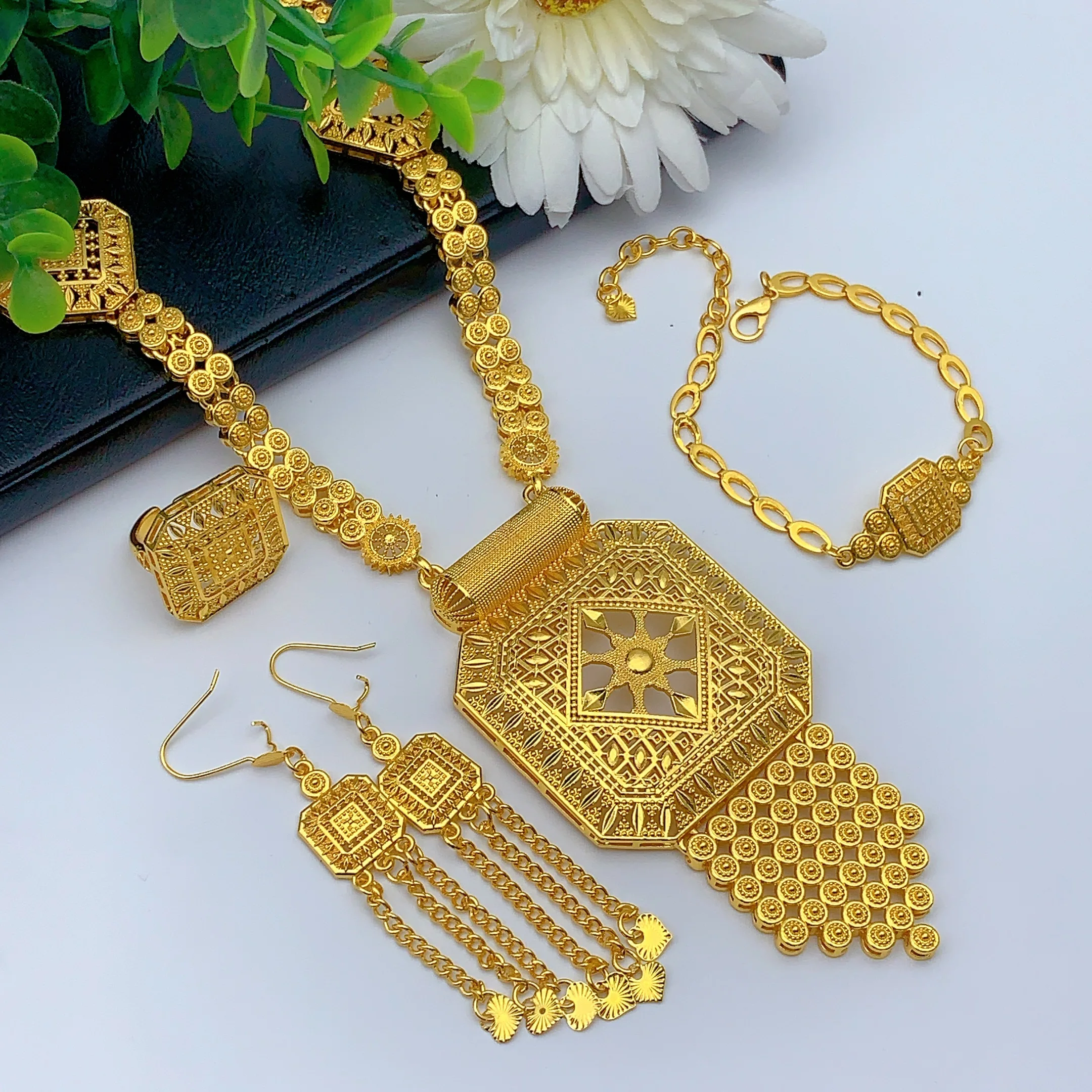 ANIID Dubai Lange Halskette, Ohrringe, Schmuckset für Frauen, indische Quaste, goldfarben, nigerianischer afrikanischer Schmuck, Partygeschenke – Detail 2