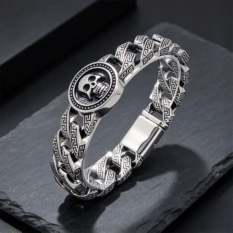 Gothic Punk Skull Cuban Link Bracelet Stainless Steel Greek Key Pattern Heavy Curb Chain for Men Biker Wristband Jewelry