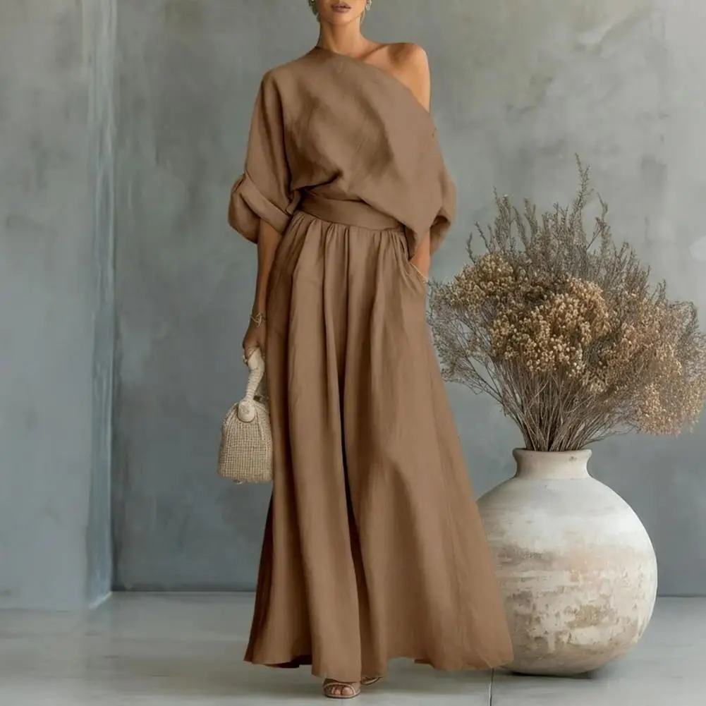 Women Blouse Pants Set Elegant European And American Waist Cinched Sloping Shoulder Top And Pants Two-piece Set Summer Outfit view 5