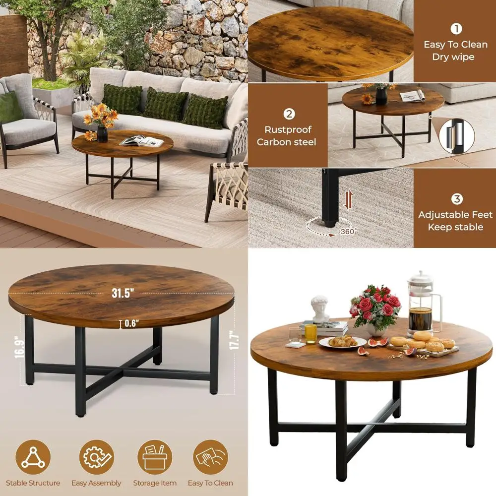 

Brown 31.5 Round Metal Frame Coffee Table for Living Room and Home Offices