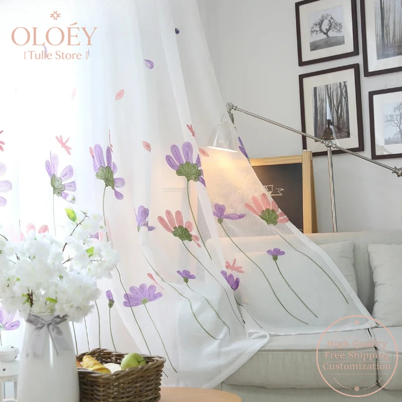 

White Floral Embroidered Tulle Curtains Sheer Voile Drapes for Kitchen Girls Bedroom Living Room Window Cortina Romantic Decor