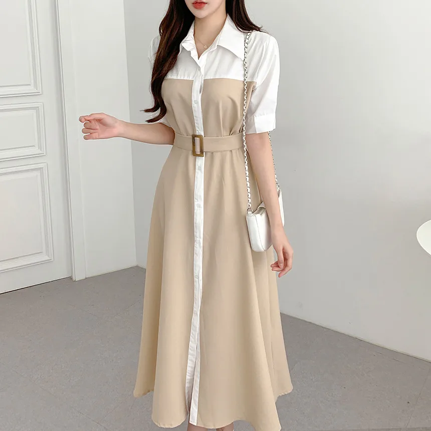 Slimming Belted Summer New Arrival Chiffon Women's Dress City Commute Style X-Shape Silhouette Short Sleeve Midi Dress