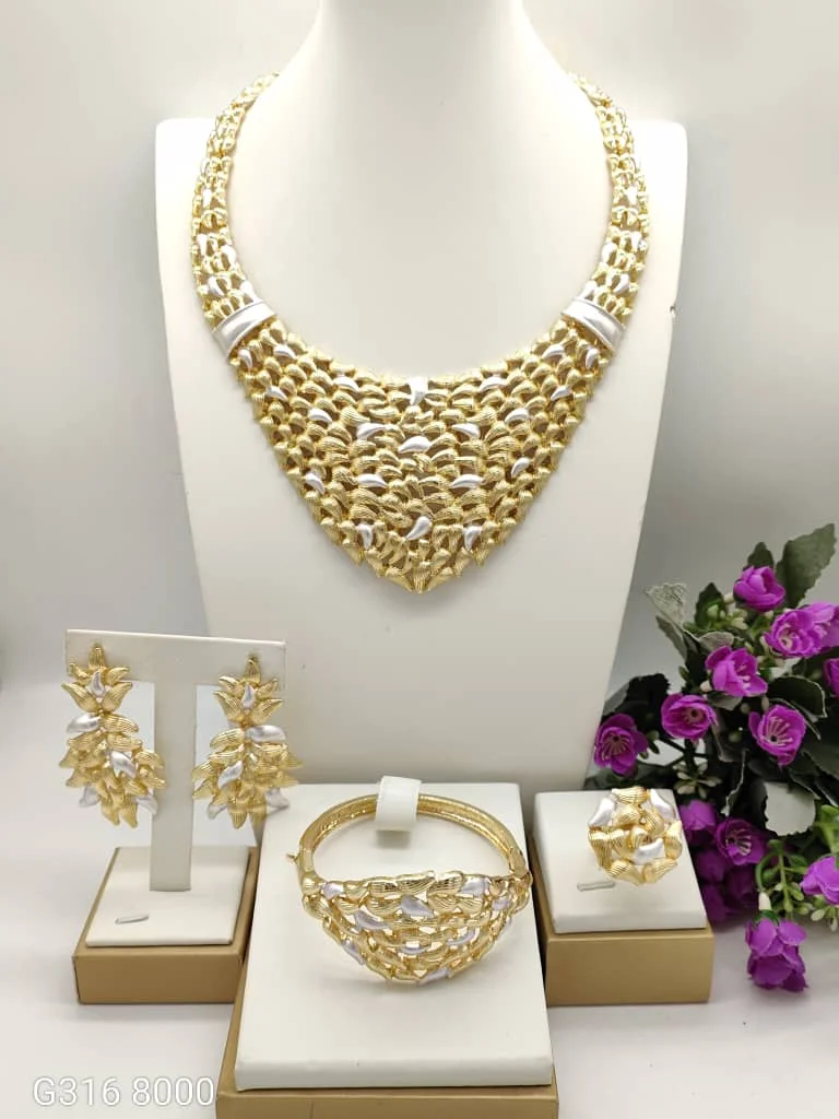 Luxury Two Tone Irregular Shape Italian Jewelry Set Stunning Special Gold Plated Necklace Bracelet Earrings Ring 4PC Jewellery