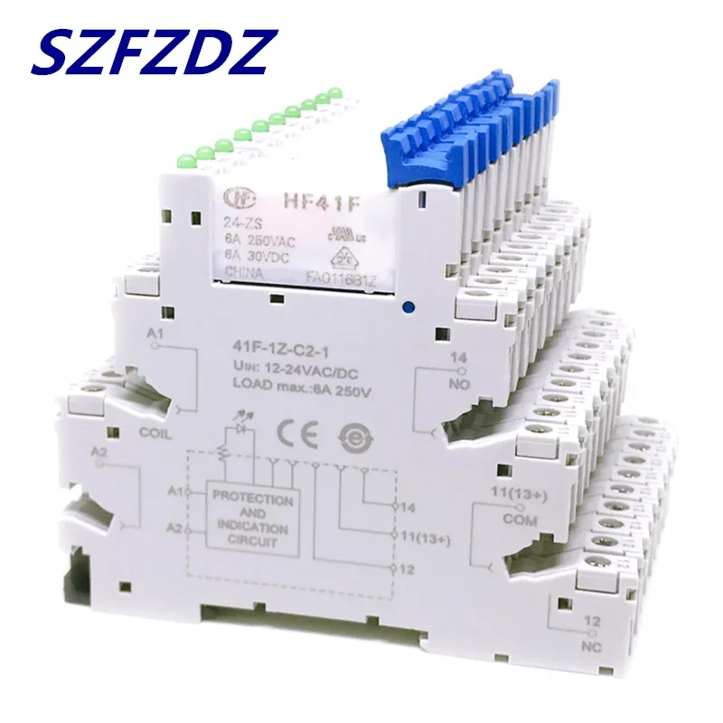 10 pièces 41F-1Z-C2-1 HF41F 5-ZS 12-ZS 24-ZS 5V 12V 24V 230V 6A 1CO mince/SSR relais montage sur prise à vis avec relais plaquette LED