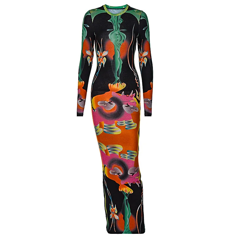 

OA Fashion Print Long Sleeves Graphic Patchwork Sexy Slim Maxi Prom Dress Fall Women New Casual Streetwear Party Cosplay Clothes