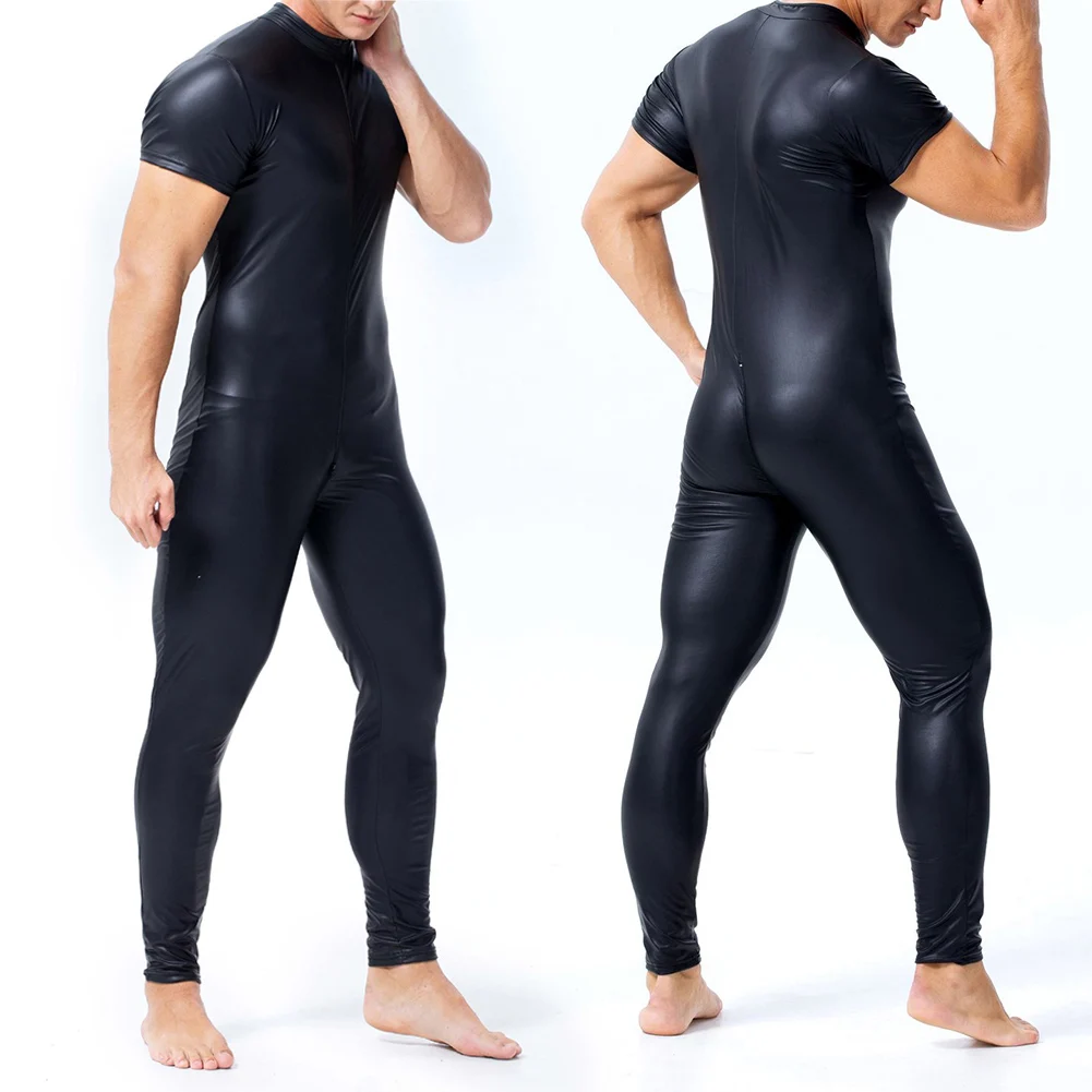 

Mens Sexy Leather Tight Bodysuit Open Crotch Performance Gay Sexy Adult Costume Short Sleeves Lingeries Sexy Hot Underpants Men