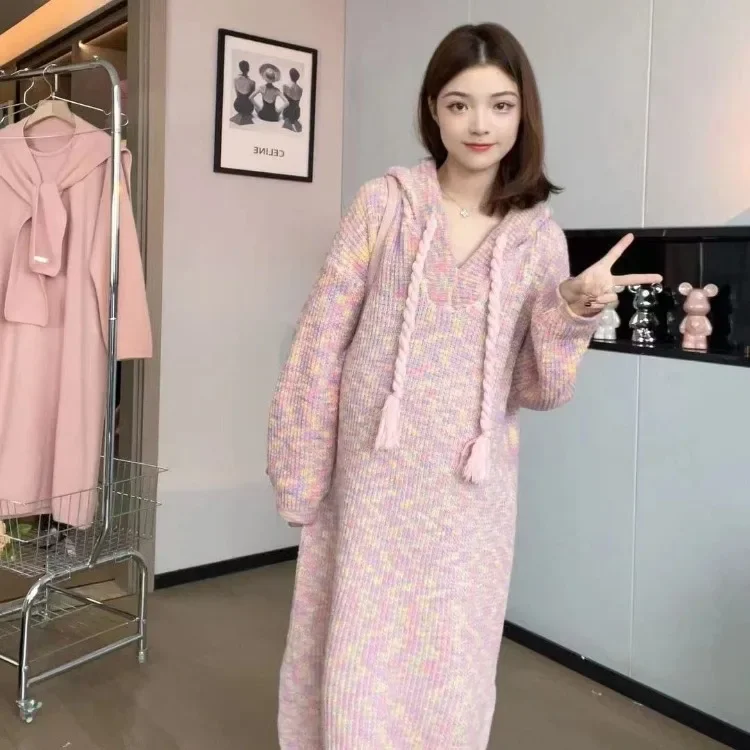 Korejepo Korea Autumn Winter Rainbow Colored Sweater Dress Women 2024 New Loose Medium Long Casual Versatile Hooded Vestido Tide