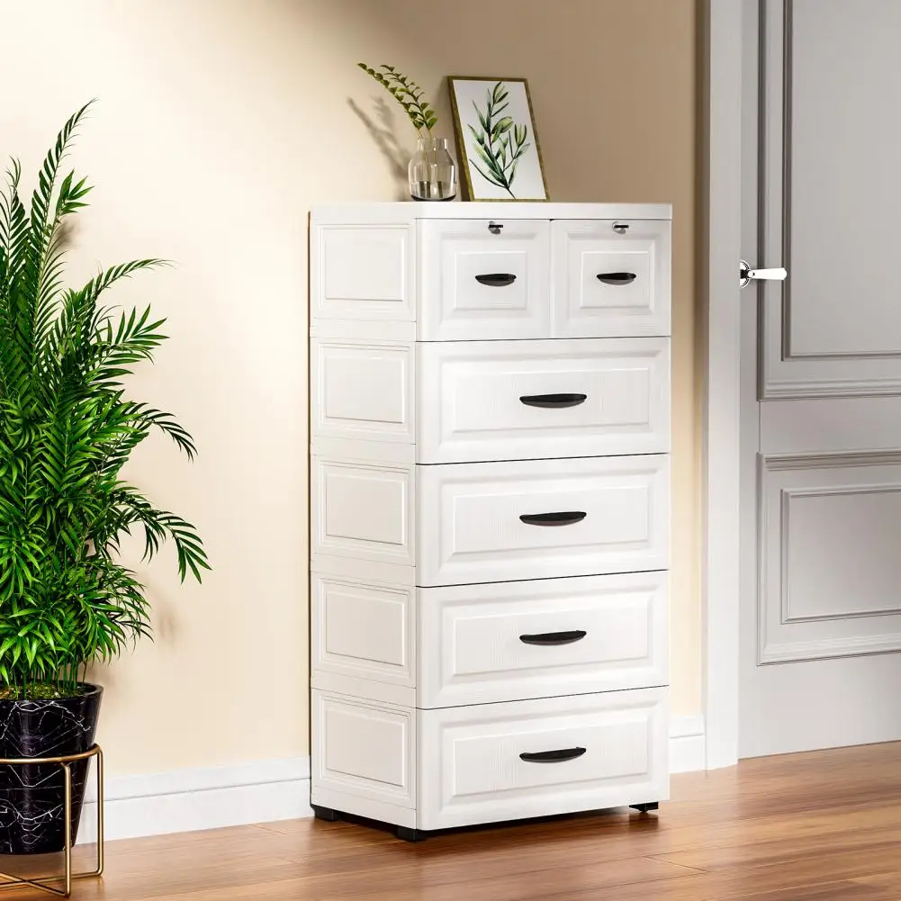 

5-Tiers White Storage Cabinet, Large Capacity,Sealed Frame,Bottom With Pulley，Easy To Move, Stackable Storage Drawer With Locker