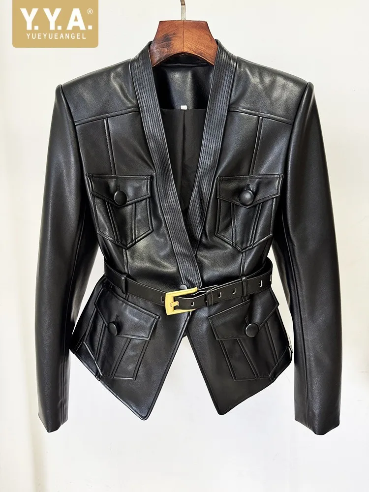 

New British Style Elegant Women Fashion Covered Button Black Slim Fit Belt Jacket Long Sleeve V Neck Jackets Casual Female Coat