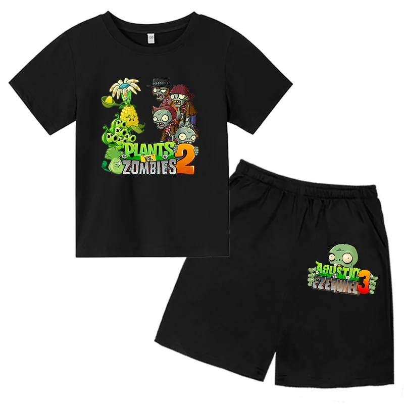 Children T-shirts Suits 2-12 Years Boys Girl Casual Tops Short Sleeve Clothes Sets Plant Anime Zombie game Printing Summer 2Pcs